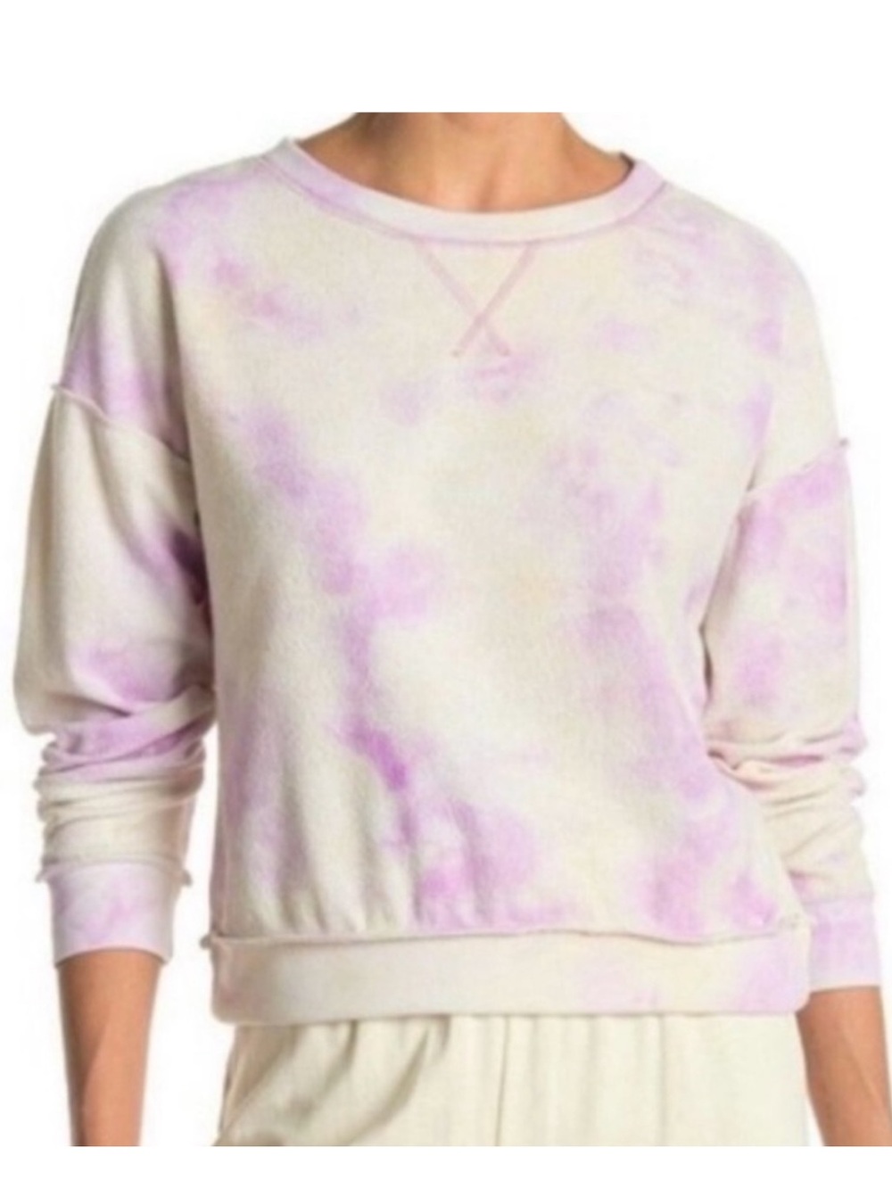 Kirious Tie Dye Cropped Reverse Stitch Sweatshirt Crewneck Pullover Purple Cream